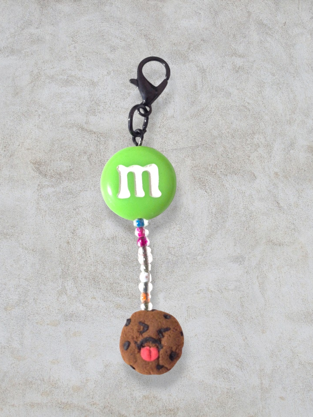 Green M&M Zipper Charm ☆ Sweet Handcrafted Beaded Cookie Pendant